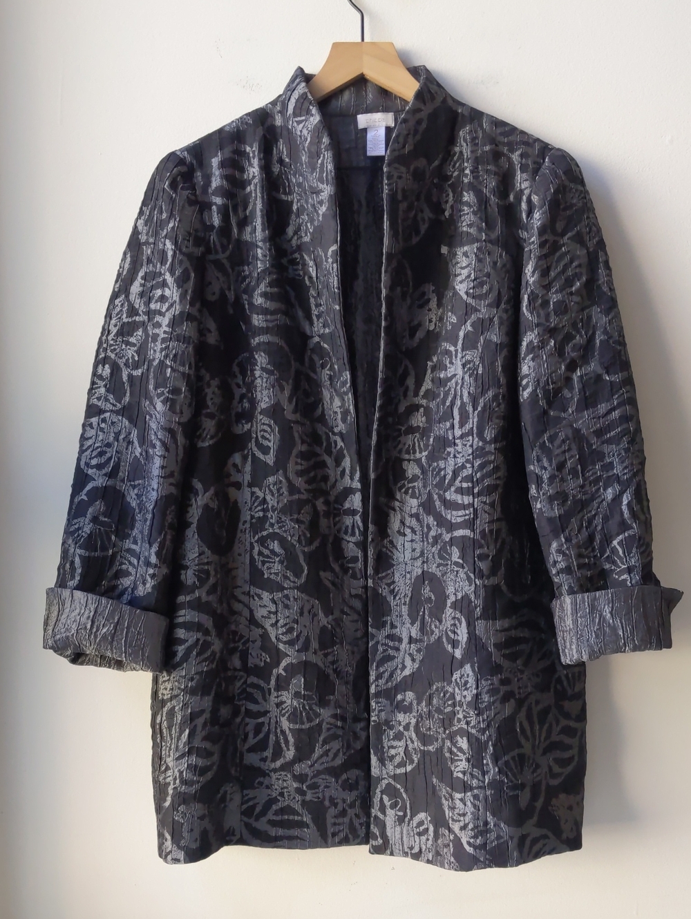 Chico's Brocade Long Jacket Black Silver Size 2 Women's Large